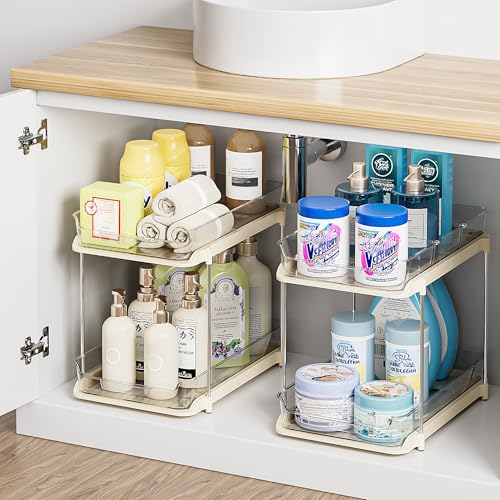 Delamu 2-Tier Multi-Purpose Bathroom Under Sink Organizers and Storage, Stackable Kitchen Pantry Organization, Pull Out Medicine Cabinet Organizer with Movable Dividers, Beige, 4 Pack - color: Beige, size: 4 Pack