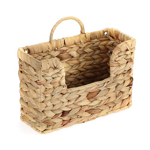 BTSKY Woven Hanging Magazine Holder, Water Hyacinth Magazine Basket, Wall Mounted Storage Basket for Books & Files, Wall File Organizer Magazine Rack with Handle for Home & Office - 11.8x4.3x7.9 Inch