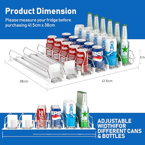Drink Organizer for Fridge, Soda Can Organizer Dispenser for Refrigerator with Automatic Pusher Glide, Width Adjustable Clear Dividers Can Holder for 25 Cans, 15''D x16.6''W, 5 Rows - color: 5 Rows