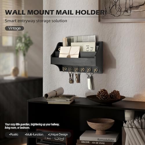 Rebee Vision Pine Wood Key Holder Wall Mount - Hanging Mail Holder for Wall with Key Hooks & 3-Tire Letter Slots - Multifunctional Wall Key Holder for Home Decor (Black) - color: Black
