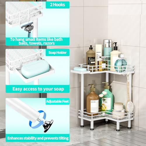 HapiRm Corner Shower Caddy Standing - 2 Tier Shower Organizer Corner with Soap Holder, Rustproof Bathroom Standing Organizer with 2 Hooks, White - color: White, size: 2-tier