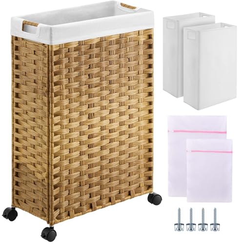 Greenstell Laundry Hamper with Wheels, 11.9 Gallon (45L) Small Clothes Hamper with 2 Removable Liner Bags & 2 Mesh Bags, Slim Rattan Laundry Basket for Bathroom, Bedroom, Natural - color: Natural, size: 45L (15.8 x 7.9 x 23.6 inches)