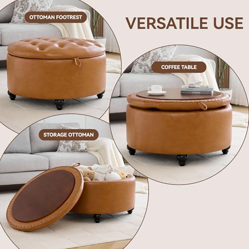 WUTUTUEE 30Inch Round Storage Ottoman with Tray, Modern Tufted Leather Circle Coffee Table with Storage, Upholstered Ottoman with Removable Top for Living Room, Bedroom, Leather Brown - color: Leather Brown, size: 30 Inch