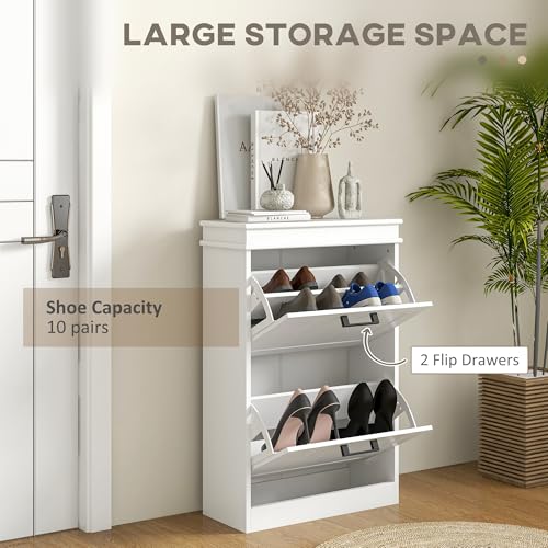 HOMCOM Narrow Shoe Cabinet with 2 Flip Drawers, Modern Freestanding Shoe Storage Cabinet with Adjustable Shelves for Entryway, Hallway, White - color: White