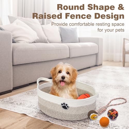 Optish Dog Toy Easter Basket, Toy Box and Bin for Dog Cat Storage, 13.5" X 11" X 5" Small Woven Rope Basket for Baby Storage, Closet, Living Room, White & Brown - color: White-Brown, size: 13.5"L x 11"W x 5"H (15L)