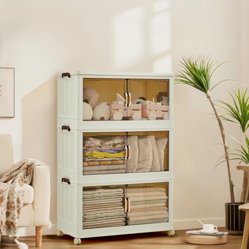 GarveeHome 378QT Stackable Storage Bins, Folding Storage Box with Magnetic Doors & Wheels, Loset Organizers and Storage with Lids, Collapsible Plastic Drawers for Bedroom Kitchen Office, White - color: 3rd floor, size: 126QT