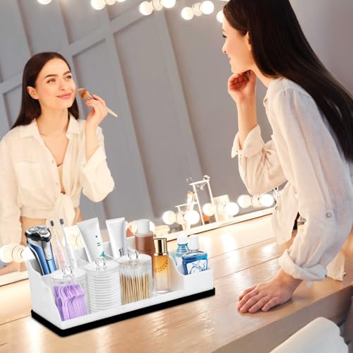 Bathroom Counter Organizer, White Silicone Toothbrush Holders for Bathrooms Organizer Countertop with 3PCS Qtip Holder, Toothbrush and Toothpaste Holder for Bathroom Organization Storage Vanity - color: White Black With 3pcs Clear Dispenser