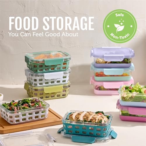 Ello Duraglass 3.4 Cup Meal Prep Sets 10Pc, 5 Pack Set- Glass Food Storage Container with Silicone Sleeve and Airtight BPA-Free Plastic Lids, Dishwasher, Microwave, and Freezer Safe, Fruit Salad - color: Fruit Salad, size: 3.4 Cup
