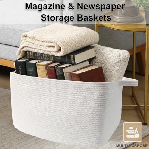 Large Blanket Basket,Woven Rope Basket Storage Bin with Handles,65L Rectangle Laundry Basket for Magazines,Toys,Clothes,Newspaper Shelf Organization,Nursery and Living Room,White - color: White, size: 21"x16"x12"(65L)