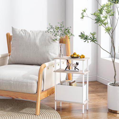 Narrow Side Table with Fabric Basket, End Table for Small Spaces, Slim Nightstand with 3-Tier Storage Shelf, Sofa Beside Table, for Living Room, Bed Room, Natrual Oak - color: Natrual Oak