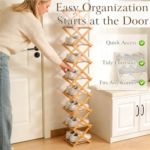 Foldable Shoe Rack, Tier No-Assembly Bamboo Rack, 2026 New Portable Bamboo Corner Shoe Rack, Multifunctional Narrow Shoe Shelf for Entryway, Closet, Corner, Bedroom (5 Layers)