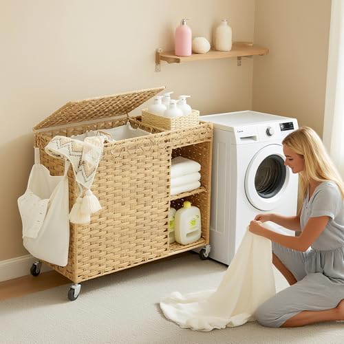 Laundry Hamper with Lid, 160L Rattan Wicker Laundry Basket with Wheels, Handwoven Laundry Hamper 2-Section with Storage shelf(42.3 Gal), Laundry Sorter Basket with Removable Liner, Natural HLH032N - color: Nature, size: 29.5”L x 13”W x26.4”H