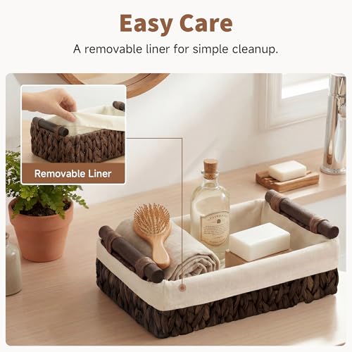 StorageWorks Small Baskets for Organizing with Wooden Handles and Liner, Wicker Toilet Paper Baskets for Back of Toilet Basket, Brown Water Hyacinth Bathroom Basket Organizer and Storage, 2 Pack - color: Brown (Water Hyacinth), size: 12"L x 7¾"W x 3¼"H +