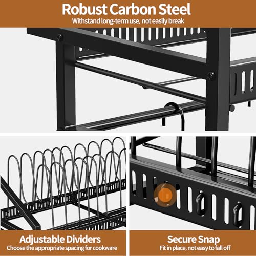 Housolution Pan Rack Wall Mounted, 24.8" Vertical Lid Organizer with 14 Adjustable Dividers, Heavy Duty Hanging Cookware Holder Hanger with 6 S-Hooks & 6 Vertical Hooks - color: Black, 1 Tier