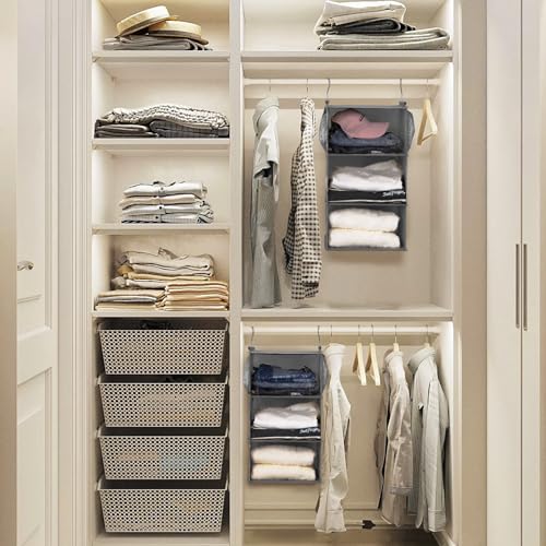MAX Houser 3 Tier Shelf Hanging Closet Organizer, Space Saver,Closet Hanging Shelf with 2 Sturdy Hooks for Storage, Foldable (Grey) - color: Ashy
