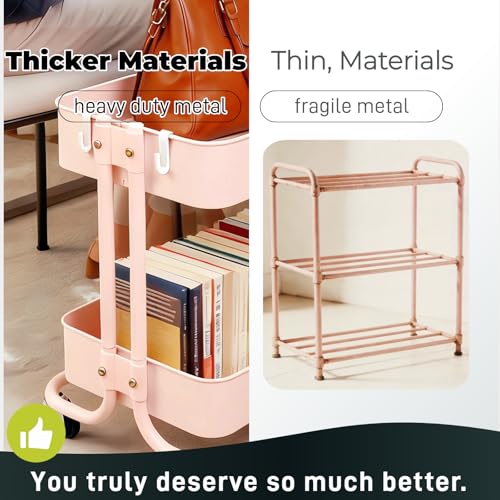 2 Tier Rolling Cart with Wheels for Under Desk Storage, Pink Small Rolling Pantry Storage Cart for Small Space, Metal Short Utility Shelf for Vanity Kitchen Bathrrom Laundry Organization - color: Pink-1