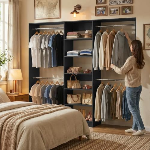 Homieasy Closet System, 4.5-11.5 Ft Expandable Closet Organizer with 5 Hanging Rods, Walk-in Wood Closet Organizer System with Storage Tower, Heavy Duty Garment Rack Wardrobe for Bedroom, Black - color: Black