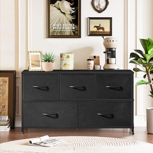 5-Drawer Dresser for Bedroom, Anti-Tip Wide Storage Organizer Fabric Chest of Drawers TV Stand for 45" TV with Wooden Top and Metal Frame for Closet, Living Room, Hallway, Entryway, Black - color: Black, size: 11.8"D x 39.4"W x 20.9"H (5 Drawers)