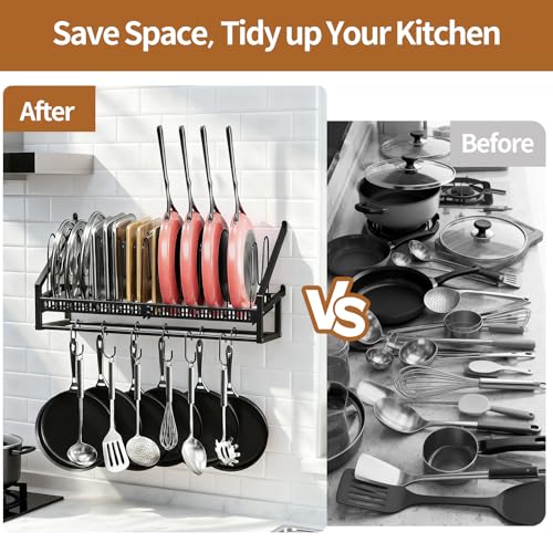 Housolution Pan Rack Wall Mounted, 24.8" Vertical Lid Organizer with 14 Adjustable Dividers, Heavy Duty Hanging Cookware Holder Hanger with 6 S-Hooks & 6 Vertical Hooks - color: Black, 1 Tier