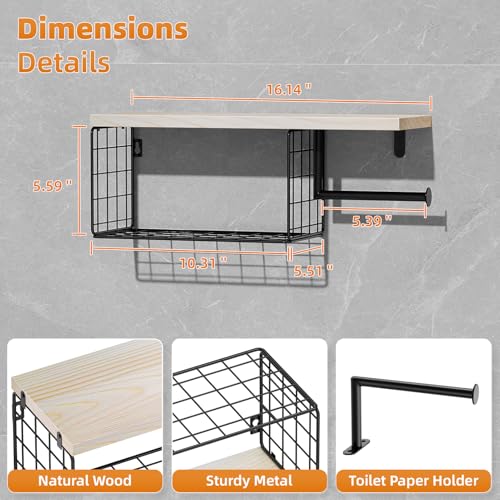 VITVITI Toilet Paper Holder with Shelf, Wall Mounted Toilet Paper Storage Basket, Wood Metal Toilet Roll and Wipes Holder for Bathroom Farmhouse (Natural) - color: Natural