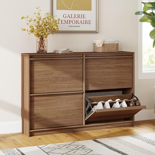 Shoe Cabinet with 4 Flip Drawers, Modern Narrow Shoe Storage Cabinet Organizer with Adjustable Shelf, Hidden Freestanding Shoe Rack for Entryway, Hallway, Living Room, Walnut - color: Walnut, size: 9.45"D x 47.24"W x 31.5"H(4 drawers)