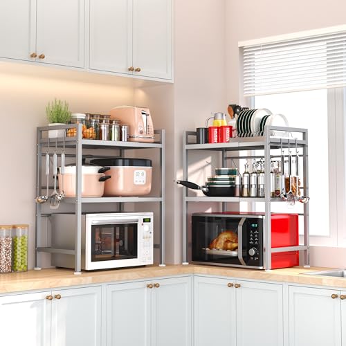 PUSDON 3-Tier Expandable Microwave Oven Rack, Countertop Baker's Rack Style Shelf, Heavy Duty Adjustable Stand with Hooks, 160lbs Capacity Appliance Match, Silver Gray - color: Silver Grey, size: H-frame 3 tier