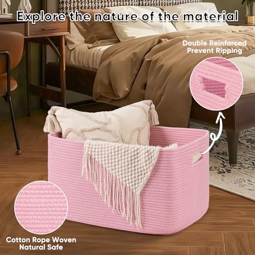 OIAHOMY 75L Blanket Basket, Woven Cotton Rope Basket for Organizing 22”x17”x12”, Used for Living Room, Bedroom, Nursery, Pink - color: Pink, size: 22”x17”x12”
