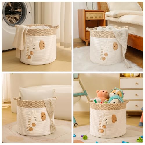Large Blanket Baskets for Living Room Decor, Toy Storage Baskets Woven Cotton Rope Storage Basket for Kids, Dog Toys Organizer Clothes Hamper with Embroidery Decor for NurseryLaundry (Large, Giraffe) - color: Giraffe, size: Large