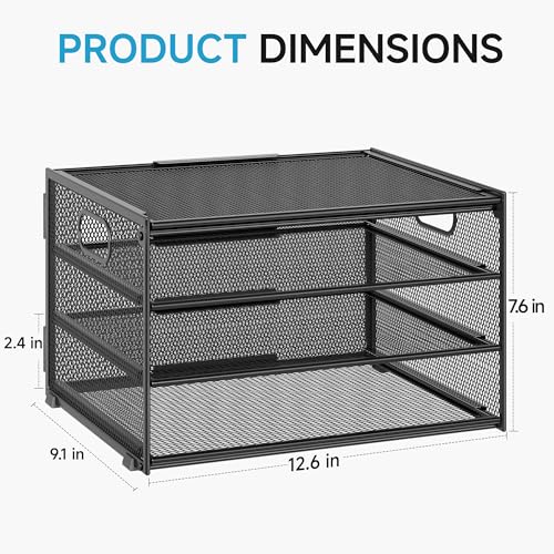 Lavatino 3-Tier Letter Tray Desk Organizer, Mesh Metal Paper File Tray Organizer for Desk, Office Supplies & Home Organization, Fits A4 Paper, Mail, Magazines & Office Accessories (Black with Handle) - color: 4-tier With Handle - Black