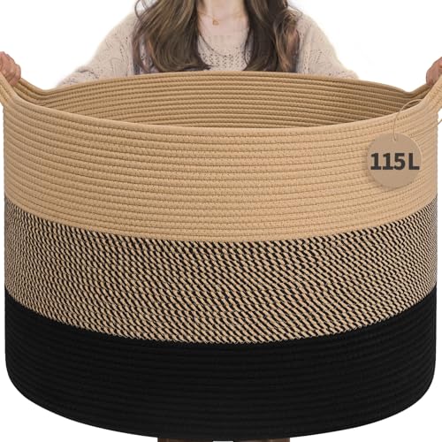 INDRESSME 115L Extra Large Blanket Basket for Apartment Décor, Woven Baby Laundry Hamper Shoe Basekts for Entryway, Wicker Storage Basket for Organizing, Camel Mix & Black - color: Camel Mix & Black, size: 23.6"D x 15.7"H