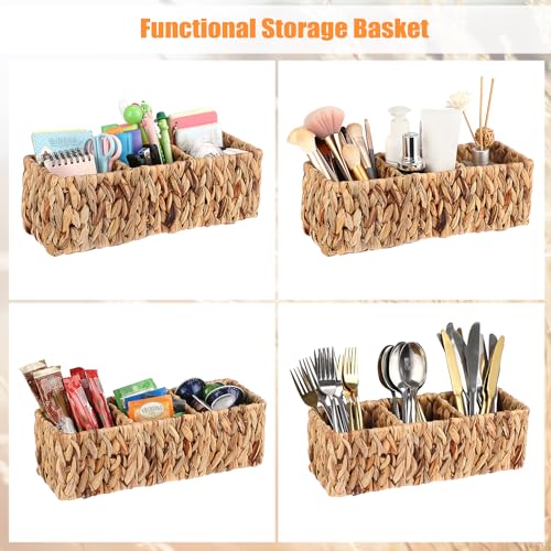 BTSKY Handwoven Remote Control Holder for Table, Natural Water Hyacinth Remote Control Caddy Small Wicker Storage Basket, 3-Compartment Office Supplies Desk Organizer Rustic Makeup Brushes Holder - size: 3-Slot