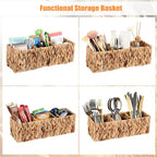 BTSKY Handwoven Remote Control Holder for Table, Natural Water Hyacinth Remote Control Caddy Small Wicker Storage Basket, 3-Compartment Office Supplies Desk Organizer Rustic Makeup Brushes Holder - size: 3-Slot
