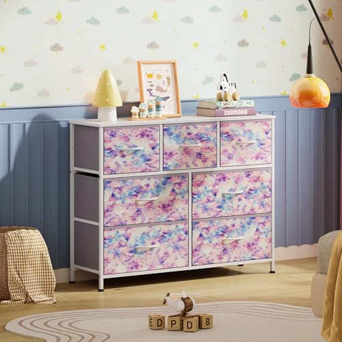 WLIVE 7 Drawer Dresser TV Stand, Entertainment Center, Media Console Table with Wood Top for TV up to 45 inch, Chest of Drawers for Bedroom, Living Room, Tie-dye Print (Pink, Purple, Blue) - color: Tie-dye Purple Print