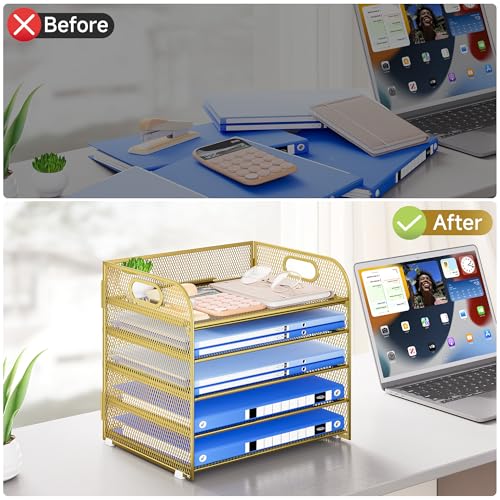 Paper Organizer Letter Tray with Handle Mesh 5 Trays Desk File Organizer Paper Sorter Desk Organizer for Office, Home or School-Gold - color: Gold, size: 12.6" x 9.1" x 13.4"