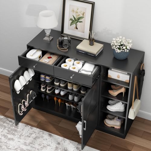 Loomie 5-Tier Shoe Cabinet with 4 Side Cubbies, Farmhouse Shoe Rack Cabinet with 6 Adjustable Shelves & 2 Drawers, Freestanding Shoe Storage Cabinet with 4 Brackets & 2 Hooks for Entryway (Black) - color: Black