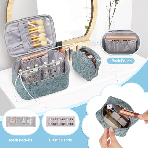 OCHEAL Makeup Bag Set, Portable Travel Makeup Bags Cosmetic Organizer Bag for Women Cute Floral Cosmetic Pouch Large Capacity Make up Bag PU Leather Toiletry Bags with Divider and Handle-Blue - color: 0020_Blue Lily Set of 2, size: Medium