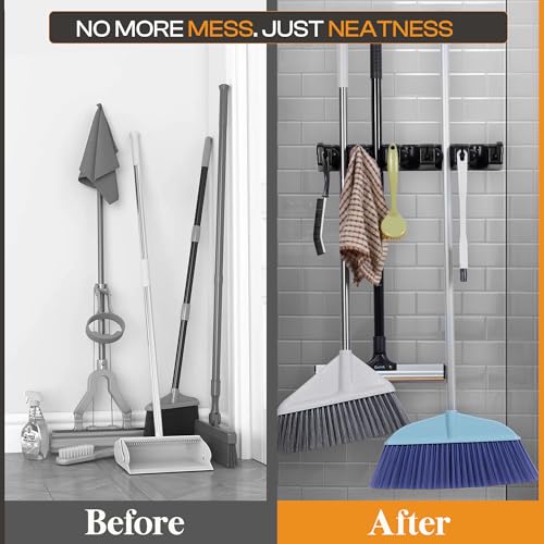 Heavy Duty ABS Plastic Broom Holder with 5 Slots and 6 Hooks | Wall Mount Mop and Broom Hanger | Waterproof Broom Organizer with Screws| Wall Mount Tool Organizer for Garage Storage - size: 5 Slots & 6 Hooks
