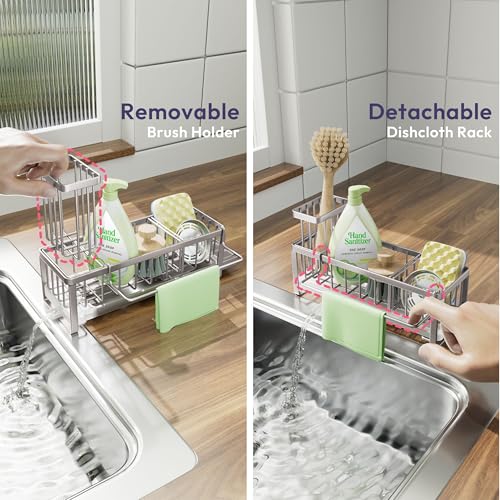 SWTYMIKI Sponge Holder for Kitchen Sink - Sink Caddy with Brush Holder Self-draining Sponge Caddy Organizer with Divider Stainless Steel Kitchen Accessories Storage for Countertop, Sand Nickel - color: Sand Nickel