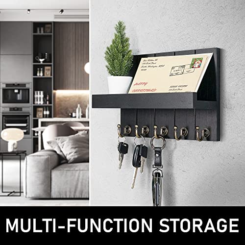 Rebee Vision Farmhouse Key Holder Wall Mount - Modern Key Holder for Living Room and Mail Organizer with Shelf & Hooks for Apartment Essentials - Home Decor Aesthetic (Black, 3.54"D x 10"W x 7.28"H) - color: Black, size: 10 Inch
