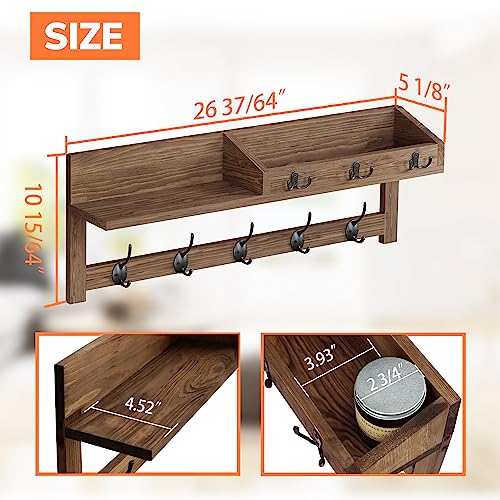 AMBIRD Wall Hooks with Shelf, 26.57 Inch Entryway Wood Coat Hooks for Wall with Shelf, Coat Rack Wall Mount with 5 Dual Hooks 3 Key Hooks Mail Organizer and Key Rack Holder (Brown) - color: Brown, size: 26.57" L