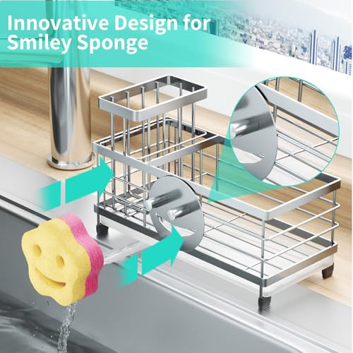 HapiRm Sponge Holder for Kitchen Sink - Self-draining Sink Caddy with Smiley Face and Brush Holder, Stainless Steel Kitchen Organizer for Countertop - Silver - color: Silver, size: with Smiley Face Sponge Holder（single）
