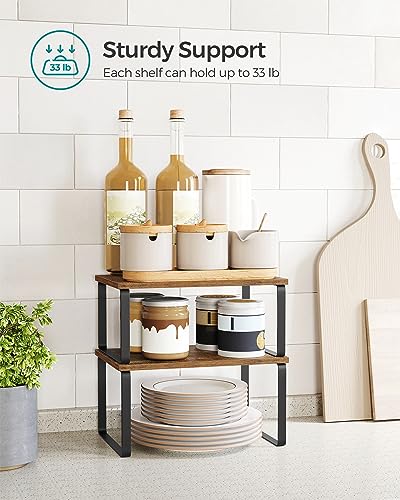 SONGMICS Cabinet Organizer Shelf, Set of 4 Kitchen Counter Shelves, Kitchen Storage, Spice Rack, Stackable, Expandable, Metal and Engineered Wood, Ink Black and Rustic Brown UKCS021X01 - color: Ink Black + Rustic Brown, size: 11.7"W