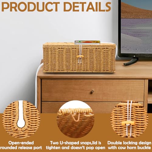 2PCS Cable Management Box, Handmade Rattan Cable Organizer, Open Slots Cords Hider Box Cord Basket Under Desk Cord Organizer for Computer Router USB Hub & Power Strip - size: 13.0" (L) x 5.5" (W) x 5.1" (H) - 2 Pack