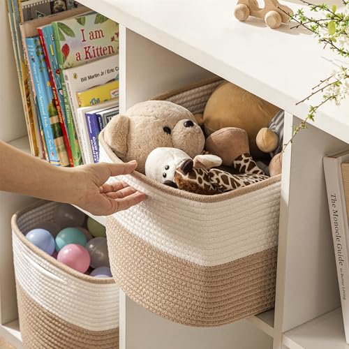 UBBCARE 4 Pack Baskets for Organizing, Woven Storage Baskets for Toys and Towel, Rectangle Cotton Rope Basket with Handles, 14''L x9''W x8''H, Brown - color: White&Brown, size: 4 Pack - 14 X 8 X 9 Inches