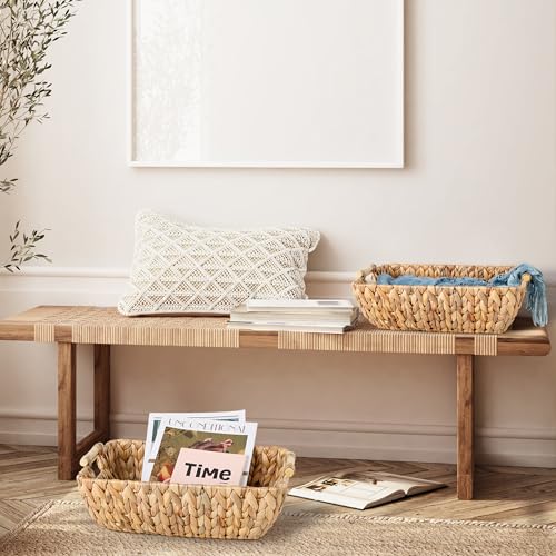 Water Hyacinth Storage Baskets with Wooden Handles，Large Wicker Baskets for Organizing Set of 2