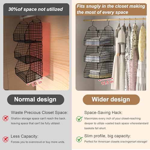 PUPPYCUTE Larger & Deeper Hanging Storage Basket, Closet Organizers and Storage, Hanging Shelves Wire Baskets for Clothing Sweaters Purse Handbags Shoes Black 3 Tier - color: Black-3pcs (Big)