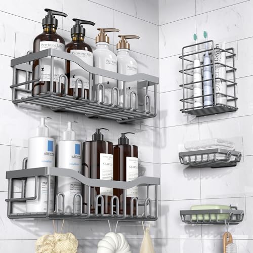 EUDELE 5-Pack Rustproof Stainless Steel Shower Caddy – No Drill Adhesive Bathroom Organizer with Large Capacity, Spacious Shower Shelves for Inside Shower, Kitchen & Home Decor Storage-XL Size - color: Dark Grey