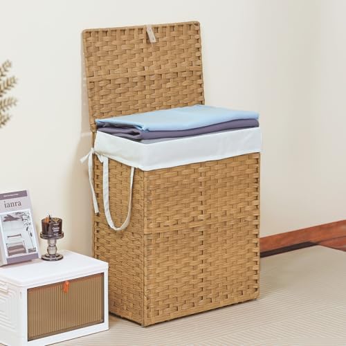 90L Laundry Hamper with Lid, Hand-Woven Pp Rattan Laundry Basket with Compartments & Handles, Removable Liner Bags,Foldable, Narrow Dirty Clothes Basket, Yellow - color: 90L-Yellow