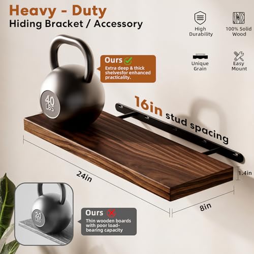 Floating Shelves for Wall Rustic Farmhouse 24 Inch Floating Shelf Wooden Shelves for Wall Pine Wood Shelf with Unique Natural Grain for Living Room Bedroom Kitchen (Espresso) - color: Espresso - Flat Edge, size: 24 inch - 2pcs