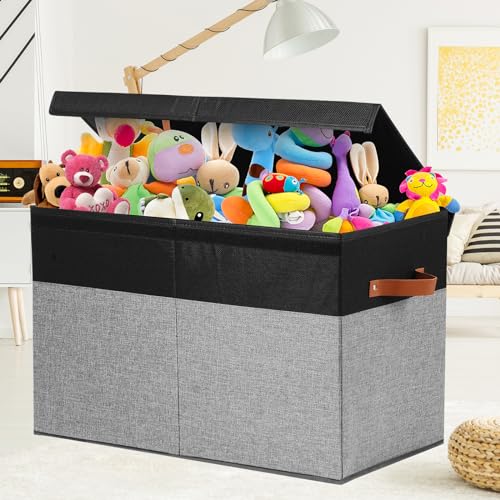 Gowee Large Toy Storage Box with Lid, Sturdy Toys Storage Chest Bin Organizer Basket with Dividers for Kids, Boys, Girls, Nursery, Closet, Bedroom, Playroom 25"x13" x16" (Black and Grey) - color: Black and Grey, size: 25"x13" x16"